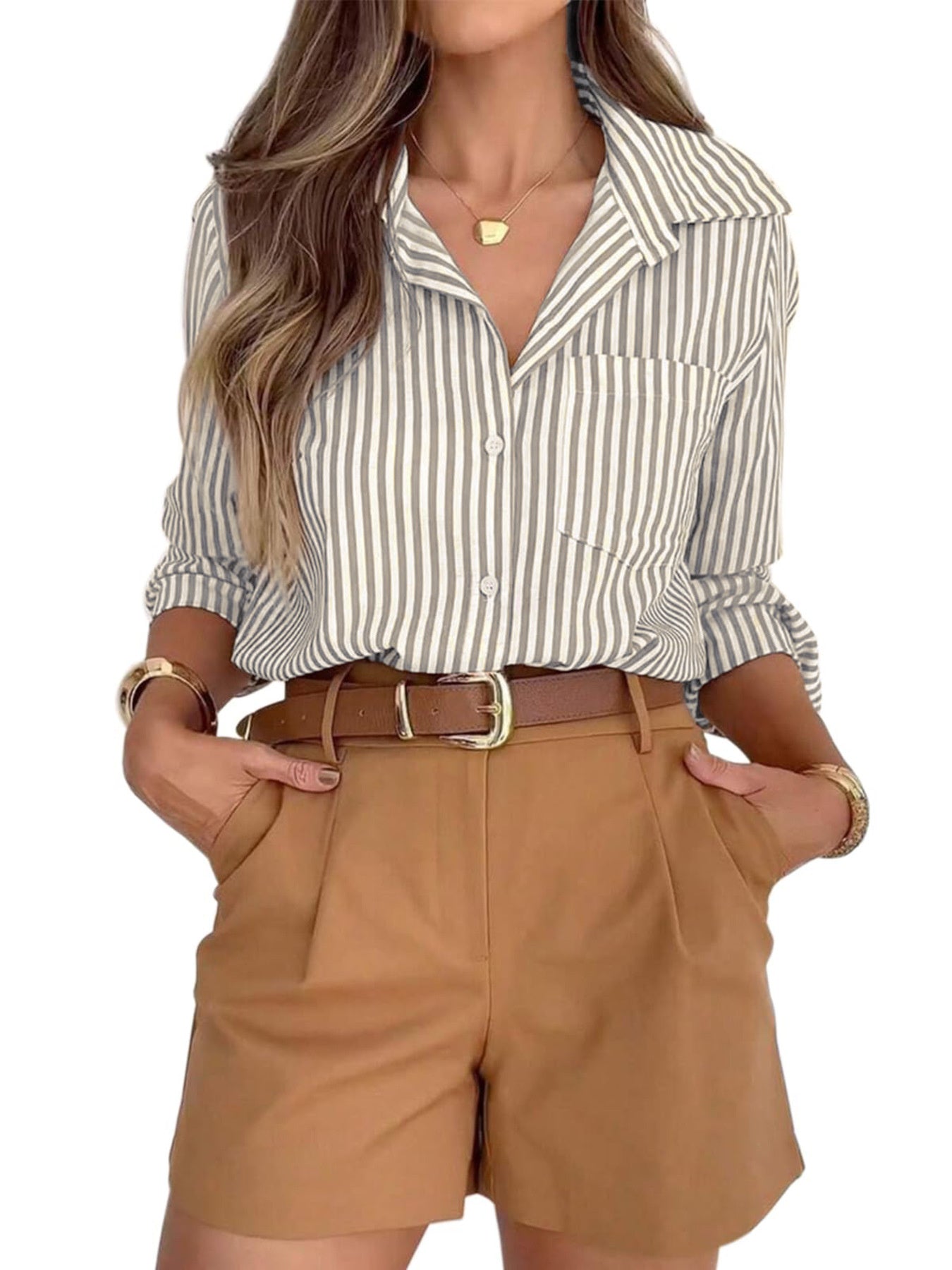 Classic striped button-down shirt in Khaki with chest pocket, worn by a woman.