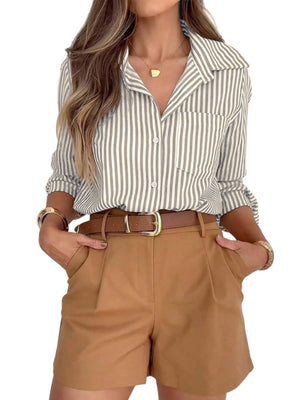 Classic striped button-down shirt in Khaki with chest pocket, worn by a woman.