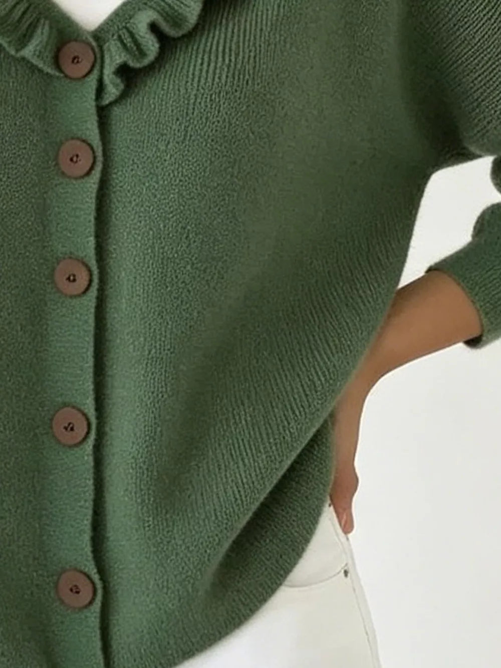 Ruffled Neckline Button-up Cardigan in White, view 18
