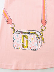 Pink cotton dress with cartoon bag print and striped strap