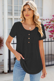 Black eyelet yoke gathered henley shirt with button detail and short sleeves.