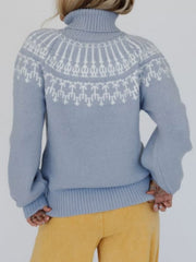Light blue acrylic turtleneck sweater with white Fair Isle pattern and puff sleeves