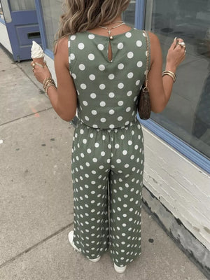 Green polka dot crop top and wide-leg pants set with a keyhole back detail.