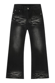 Dark wash flare jeans with distressed detailing and stitch accents.
