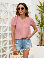 Dusty Pink Dotted Swiss Puff Sleeve Blouse with Lace Trim
