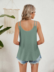 Sage eyelet overlay tank top with double straps and a scoop neckline.