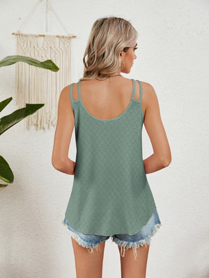 Sage eyelet overlay tank top with double straps and a scoop neckline.