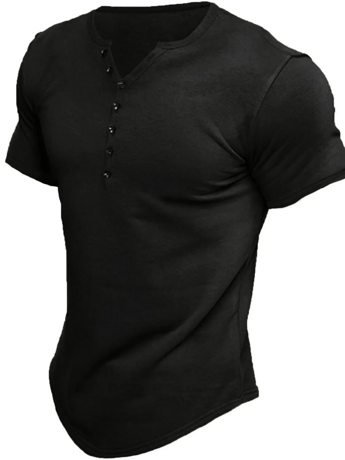 Black henley tee with button placket and curved hemline