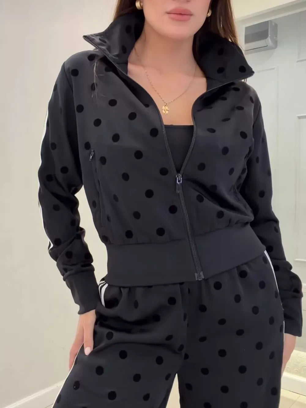 Polka Dot Zip Up Outerwear And Pants Set in Black, view 12