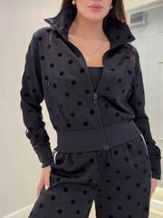 Polka Dot Zip Up Outerwear And Pants Set in Black, view 12