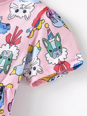 Children's Cartoon Print Short Sleeve Dress, model styling view