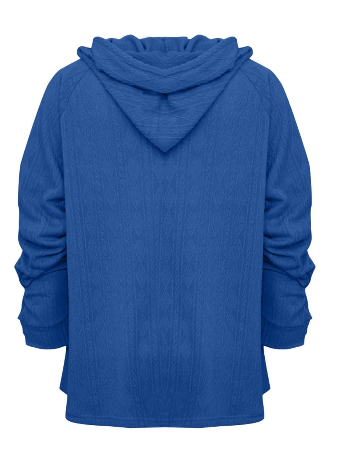 Light blue textured knit raglan hoodie with a diamond pattern and ruched sleeves.