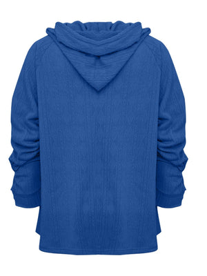 Light blue textured knit raglan hoodie with a diamond pattern and ruched sleeves.