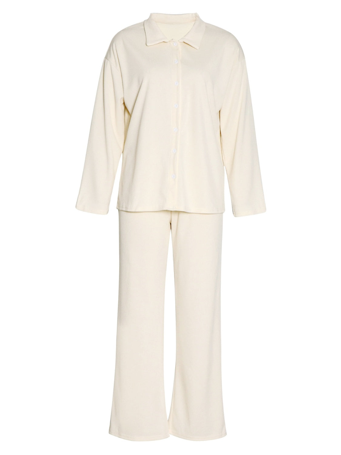 Cream ribbed knit loungewear set with button-up shirt and wide-leg pants.
