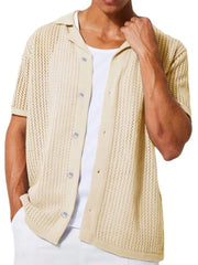 Beige open-knit resort shirt with short sleeves, spread collar, and button front.