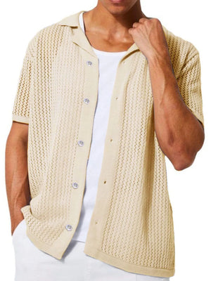 Beige open-knit resort shirt with short sleeves, spread collar, and button front.