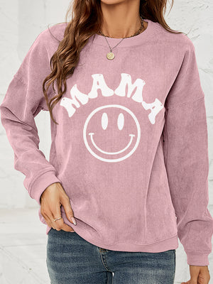 Dusty Pink corduroy sweatshirt with white "Mama" smiley graphic and crewneck.