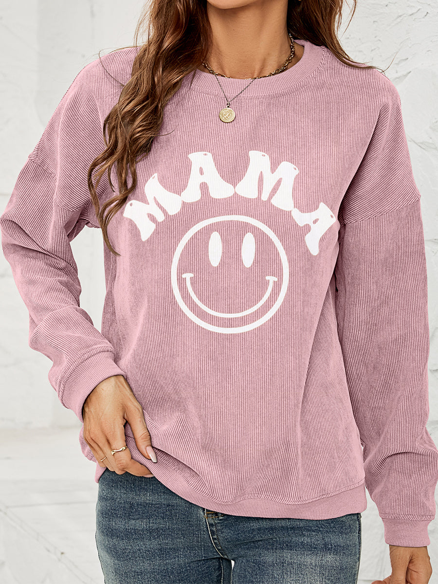 Dusty Pink corduroy sweatshirt with white "Mama" smiley graphic and crewneck.