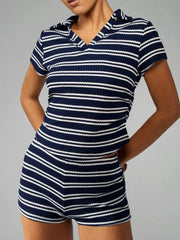 Blue Stripes knit two-piece set with polo collar top and shorts