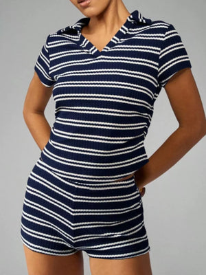 Blue Stripes knit two-piece set with polo collar top and shorts