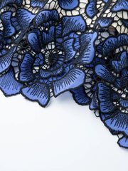 Blue floral lace midi dress with black trim detail