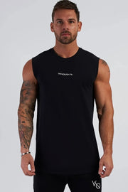 Black performance tank top with white logo detail on chest and sleeve