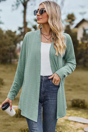 Light green textured open-front drape cardigan with long sleeves and a relaxed fit.