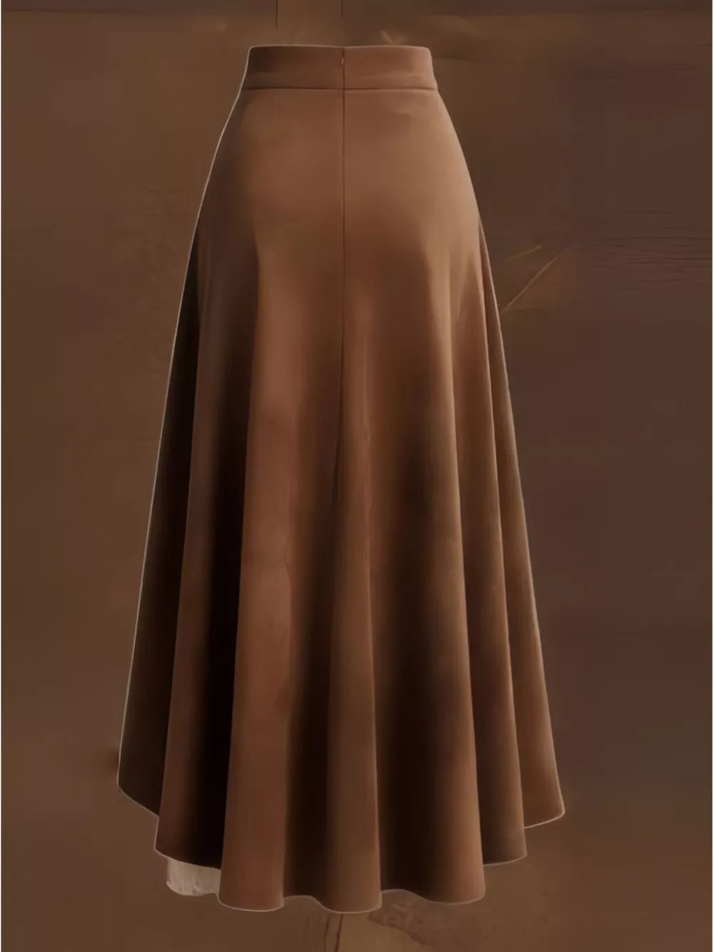 Brown midi skirt with asymmetrical ruffled hem and delicate lace trim.