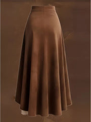 Brown midi skirt with asymmetrical ruffled hem and delicate lace trim.