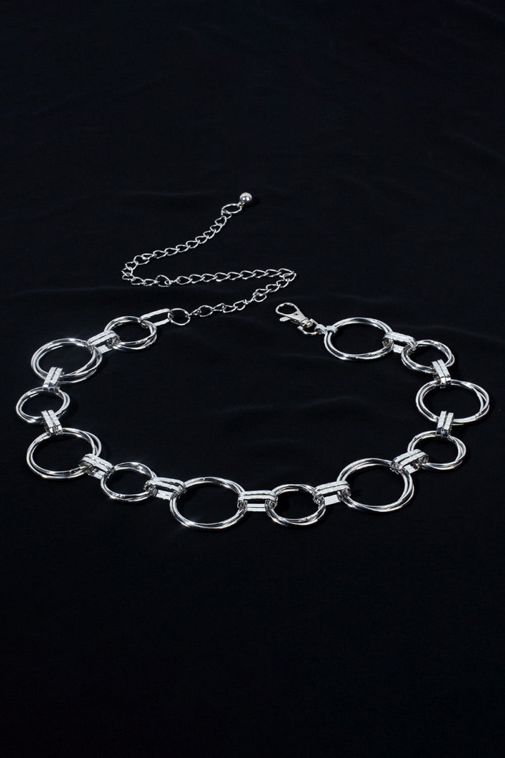 Silver linked circle waist chain belt with adjustable clasp and extender chain