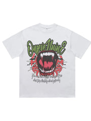 White 100% cotton oversized t-shirt with bold graphic of open mouth with fangs and text.