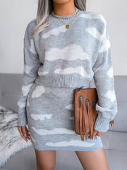 Light gray acrylic knit co-ord set with cloud pattern, crew neck sweater and mini skirt.