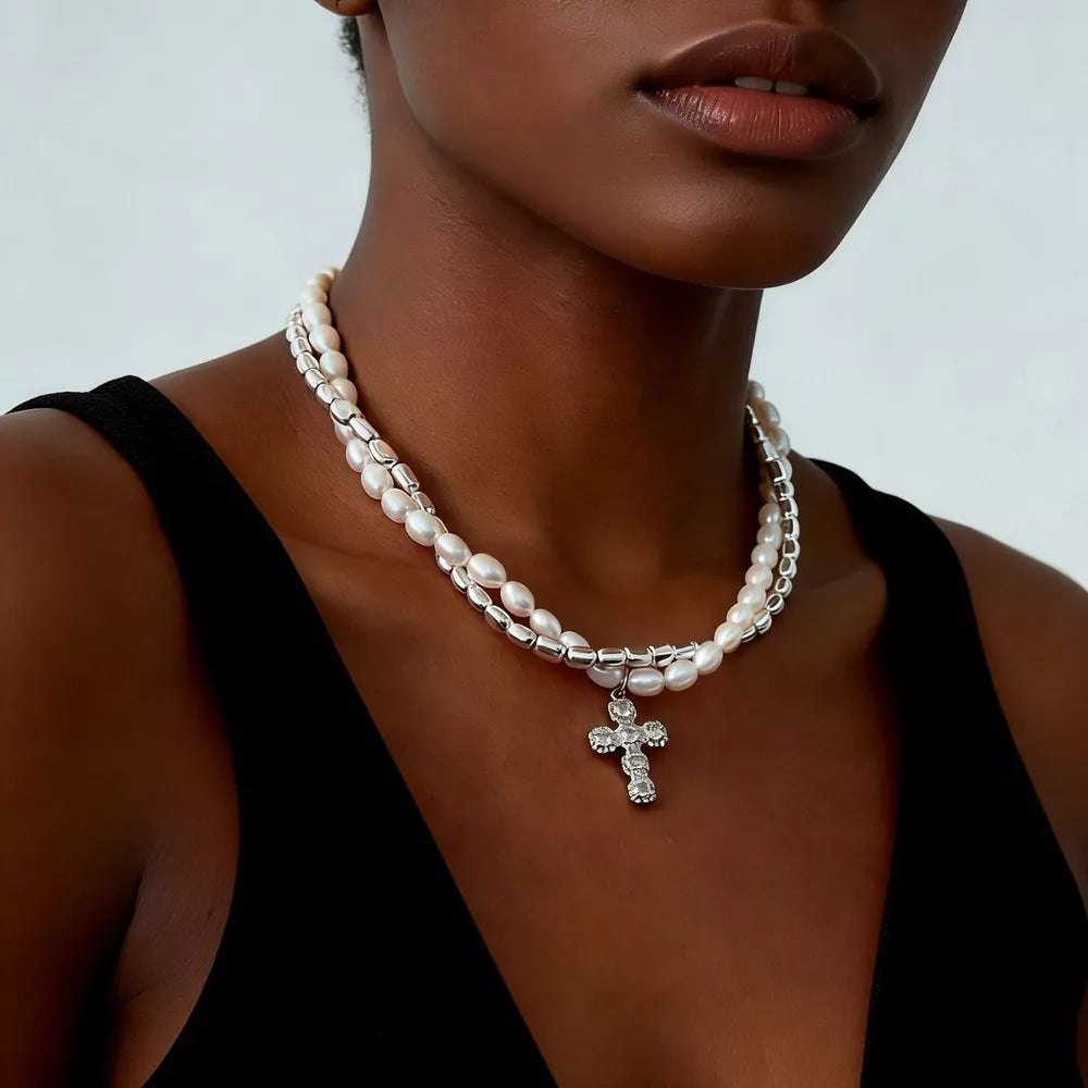 Elegant Pearl Alloy Necklace With Rhinestone Cross Pendant in Gold, fabric detail