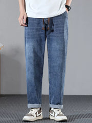 Men's blue cotton wide leg jeans with drawstring waist and cuffed hems