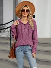 Ribbed knit henley hoodie in mauve with button detail and drawstring hood.