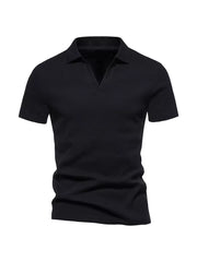 Black cotton blend men's casual polo shirt with notched collar and short sleeves.