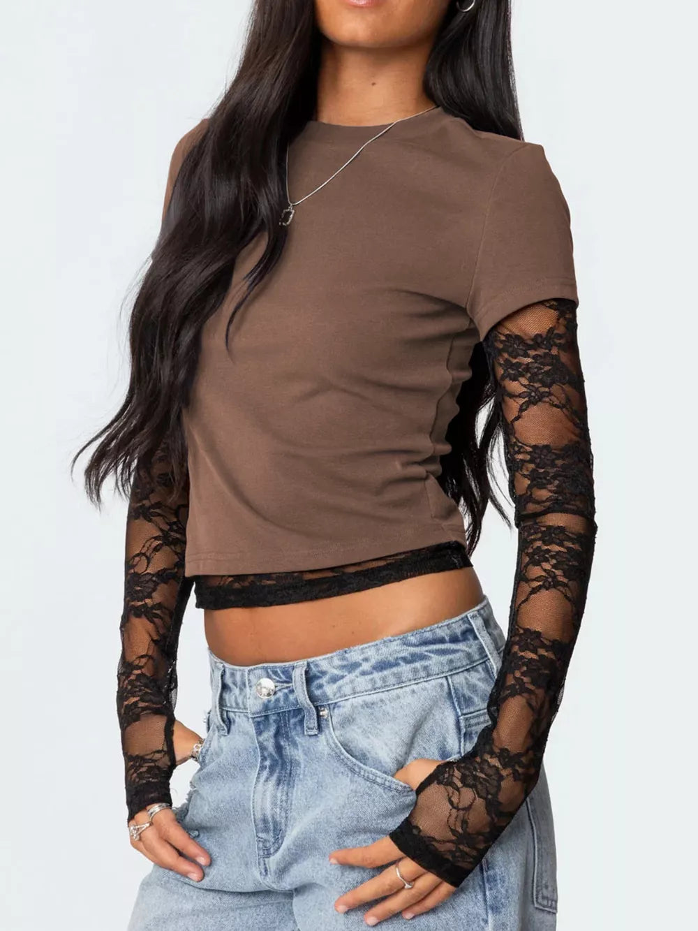 Cropped brown t-shirt with black lace long sleeves and trim