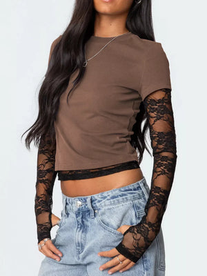 Cropped brown t-shirt with black lace long sleeves and trim