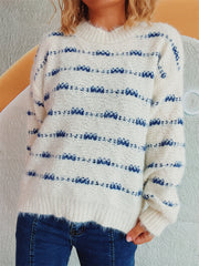 Textured stripe crew neck sweater in white with blue accents, acrylic knit.