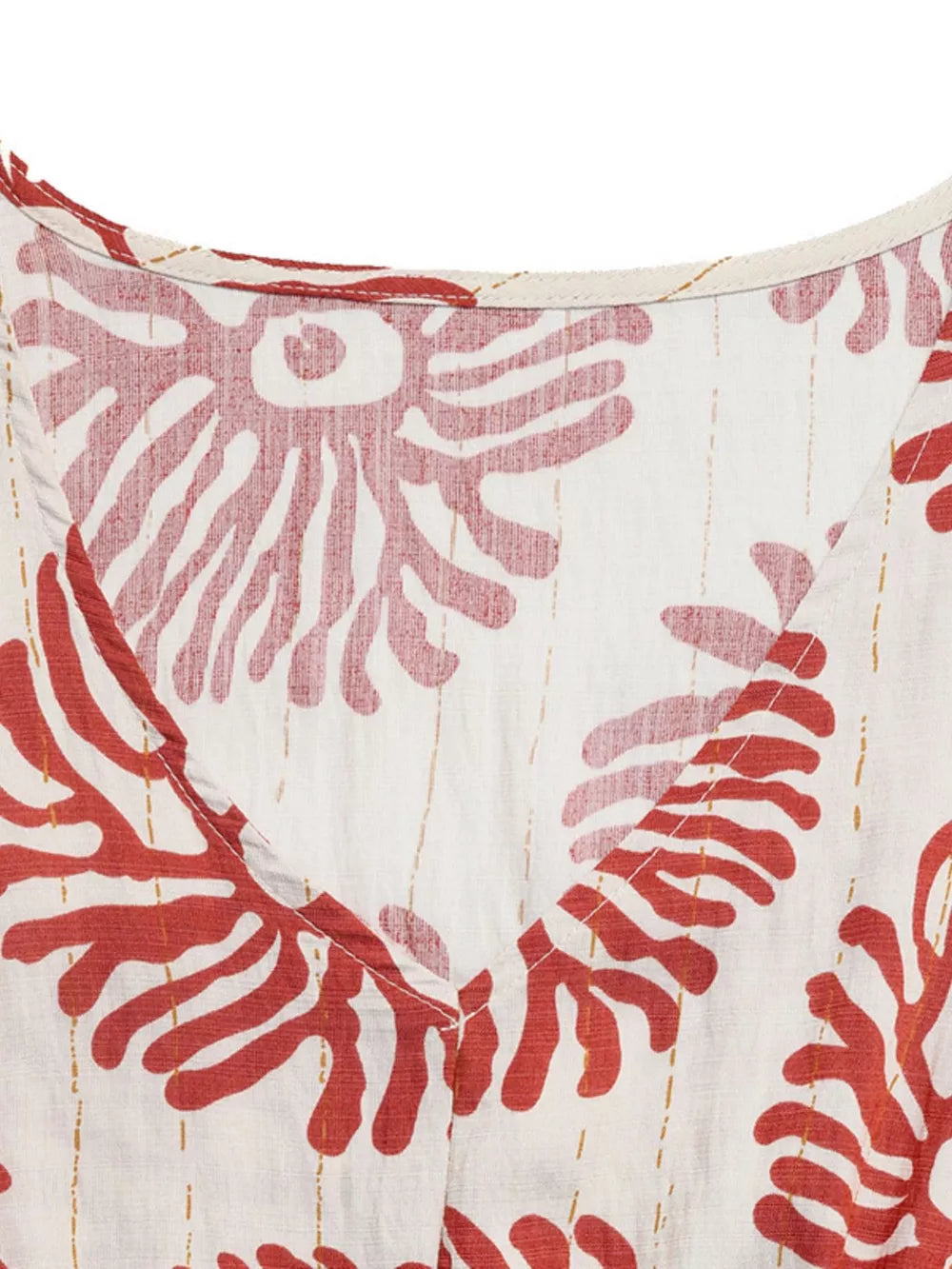 Floral V-neck maxi dress with red coral print and gold pinstripes.