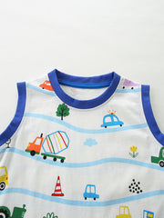 Toddler blue trim cotton tank top with playful vehicle print