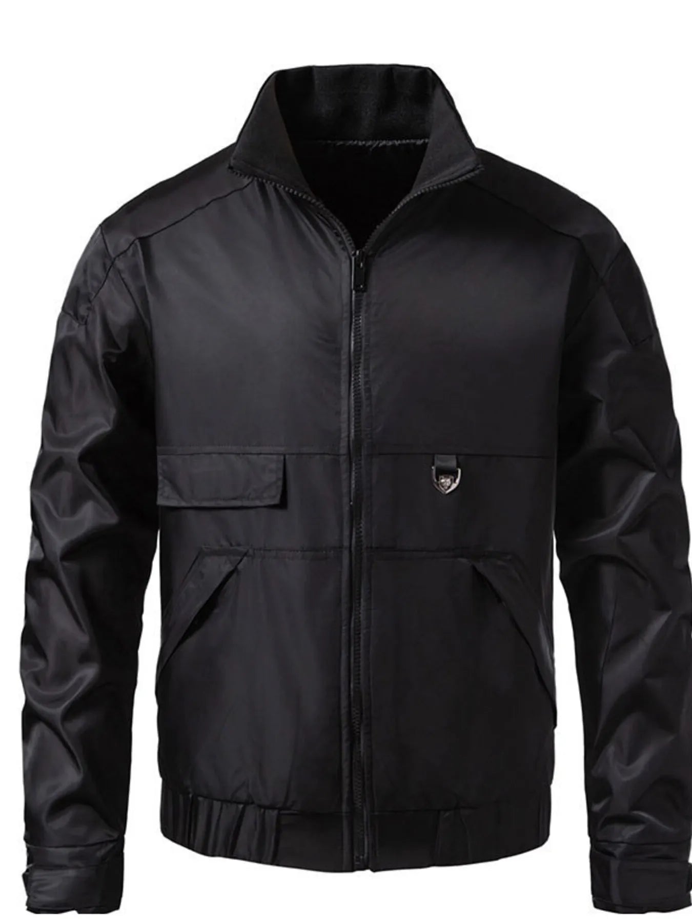 Men's black lightweight zip up track jacket with chest pockets and silver hardware detail.