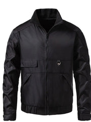 Men's black lightweight zip up track jacket with chest pockets and silver hardware detail.
