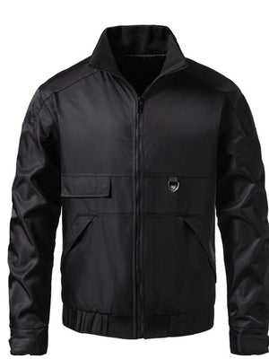Men's black lightweight zip up track jacket with chest pockets and silver hardware detail.