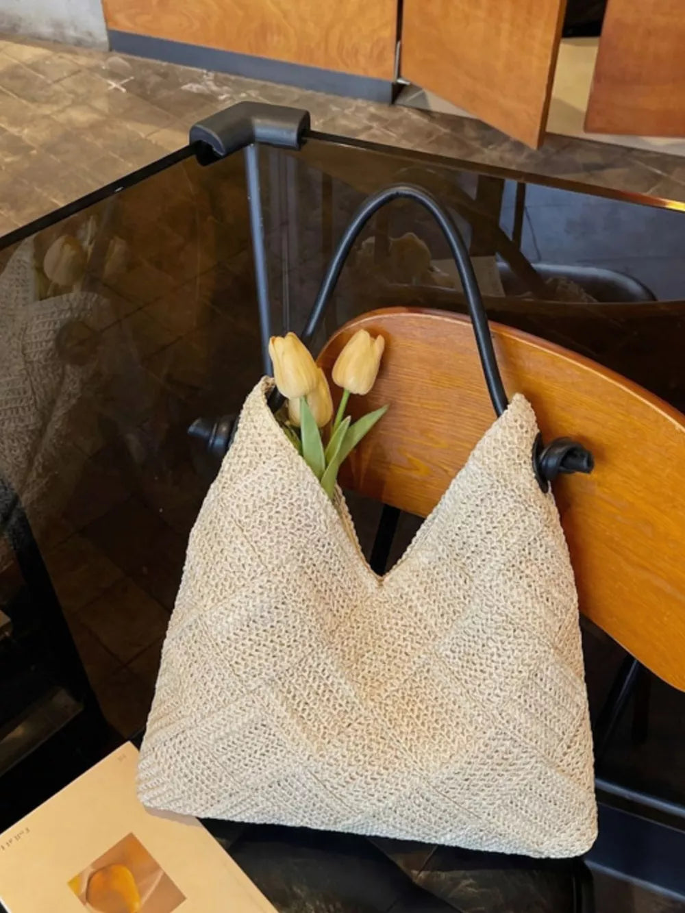 Woven Straw Shoulder Bag in Cream White, front view