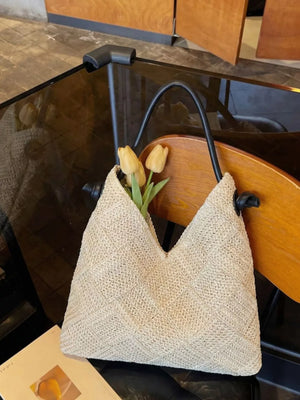 Woven Straw Shoulder Bag in Cream White, front view