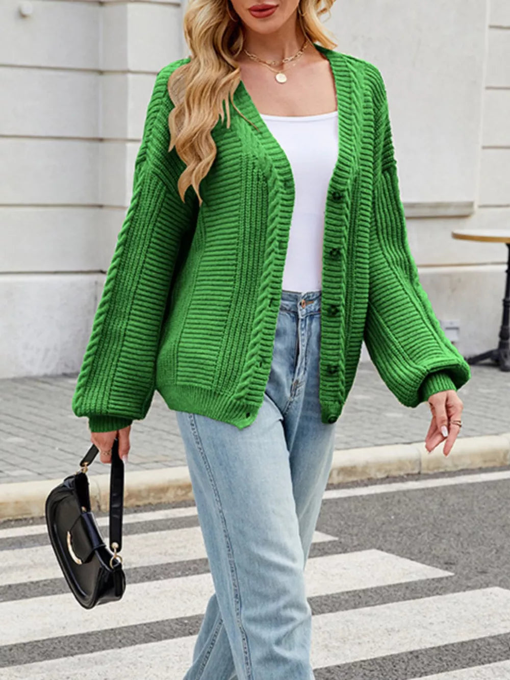 Cable Knit Button-up Cardigan in Black, view 19