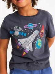 Toddler t-shirt in charcoal grey cotton with embroidered space shuttle, planet, satellite, and comet graphic.