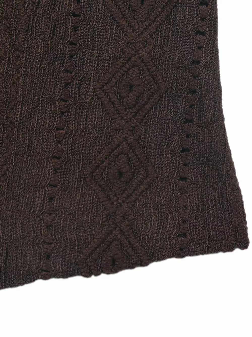 Brown knit maternity shirt with diamond lace detail and ruffled V-neck.