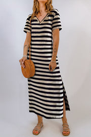 Striped jersey maxi dress with V-neck, short sleeves, and side slit hem.